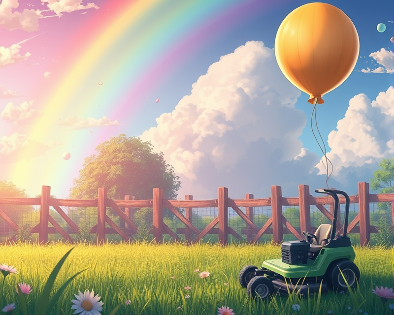 anime, rainbow, onion, lawn mower, balloon